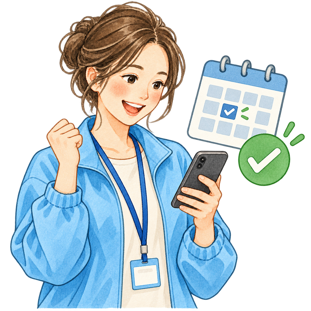 募集案内をスマートフォンで確認する女性スタッフ
