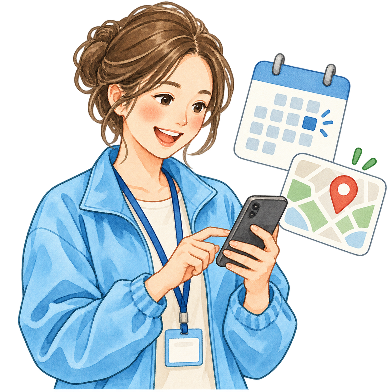 カレンダーと地図から参加できる日と会場を選ぶ女性スタッフ