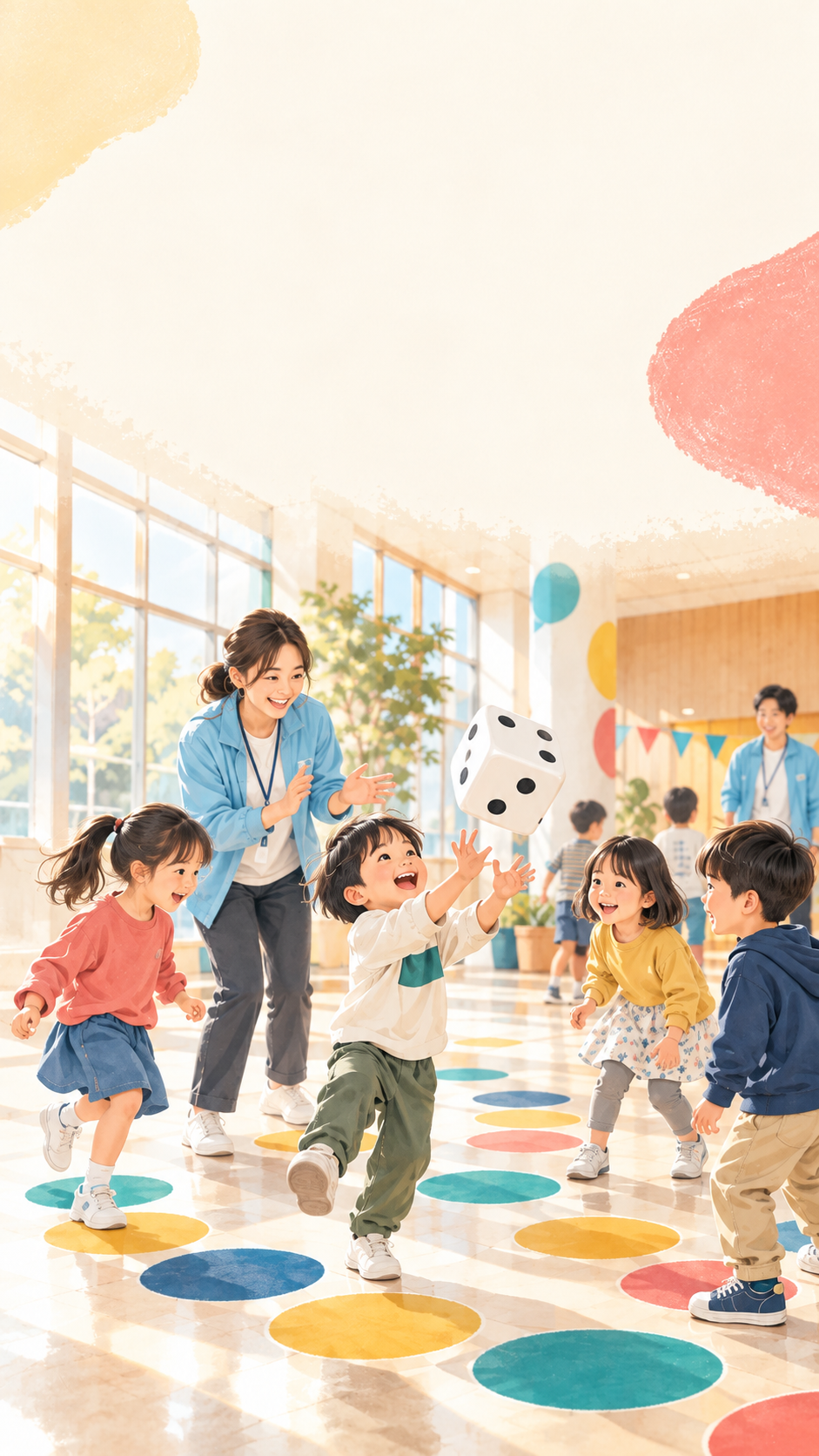 地域イベントで、サポーターと子どもたちが大きなサイコロを使ったゲームを楽しむ様子