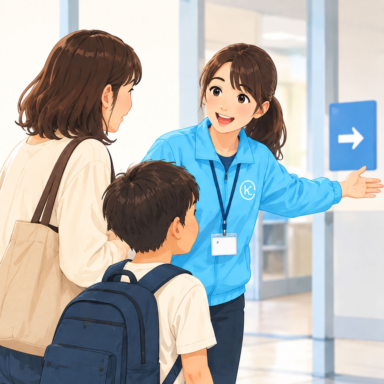 女性サポーターが保護者と子どもを笑顔で案内する様子