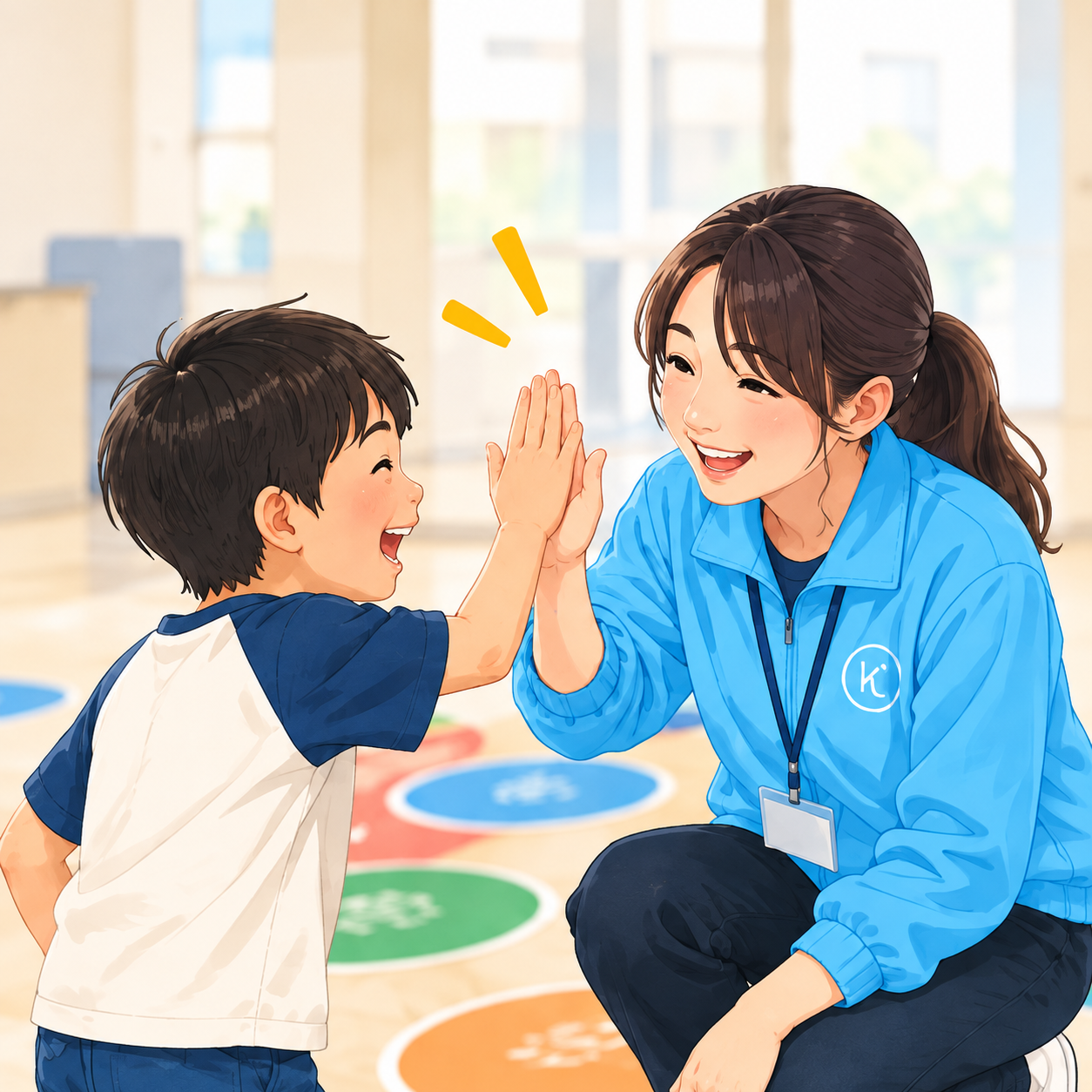 女性サポーターが子どもと笑顔でハイタッチする様子