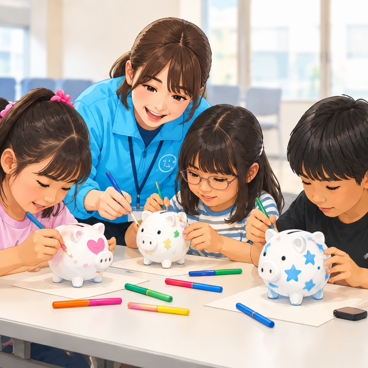 子どもたちが豚の貯金箱に色を塗るそばでサポーターが見守る様子